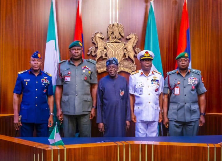 Tinubu Meets Newly Appointed Service Chiefs at Presidential Villa